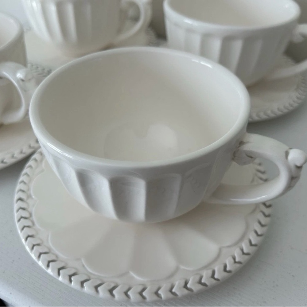 American Atelier Athena White Ironstone Mugs W/Saucers 5166- Set of 4 - Picture 6 of 11